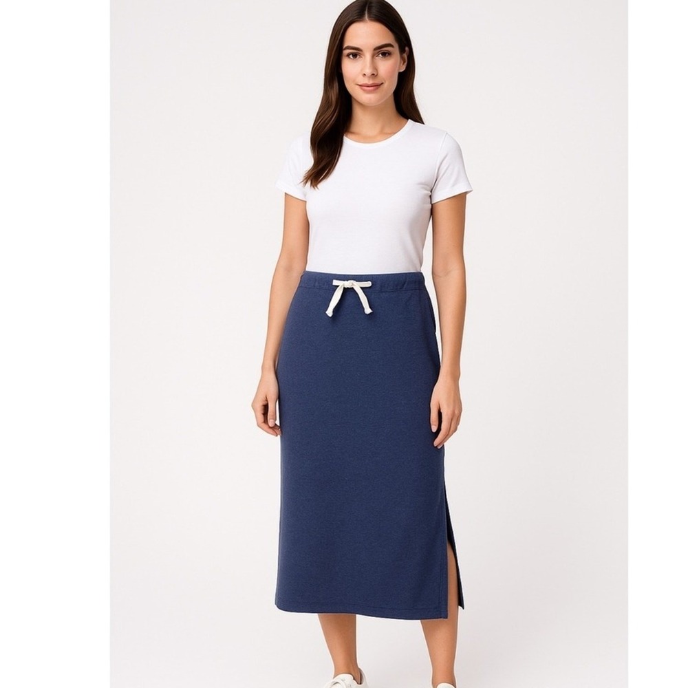 New York & Company Skirt Womens' Large Navy Blue Knit Maxi Slit Elastic Waist